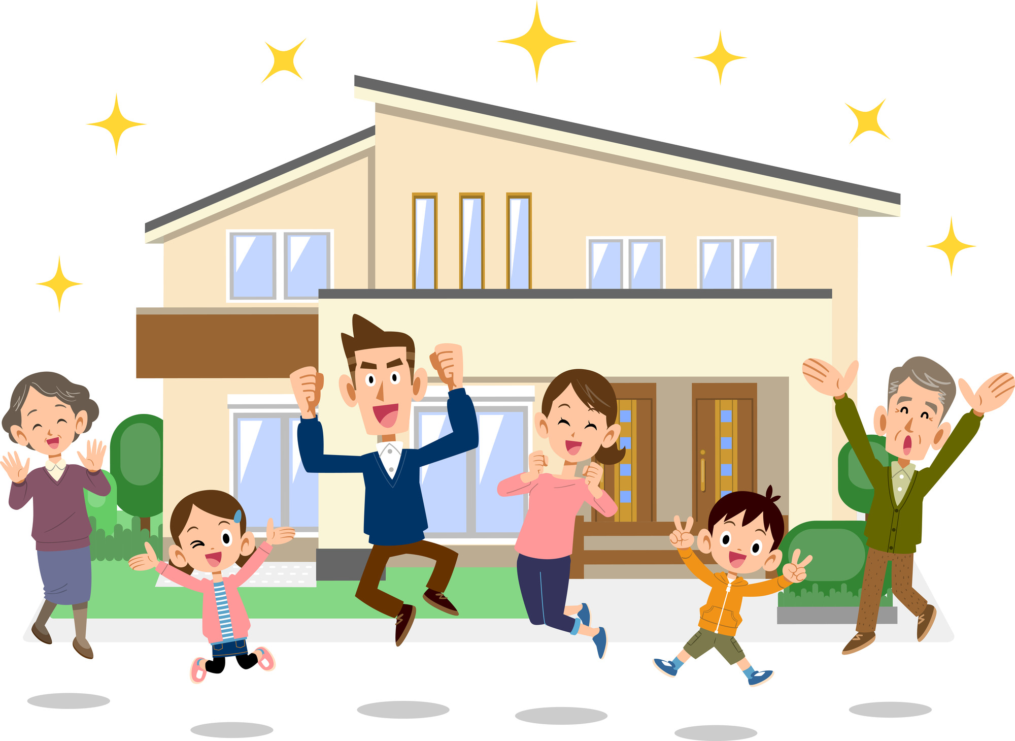 親子三世代が家の前で笑顔でジャンプしている様子