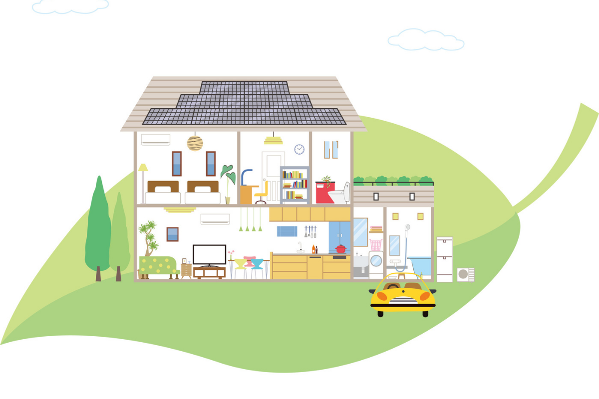 太陽光発電などを搭載した住宅のイラスト