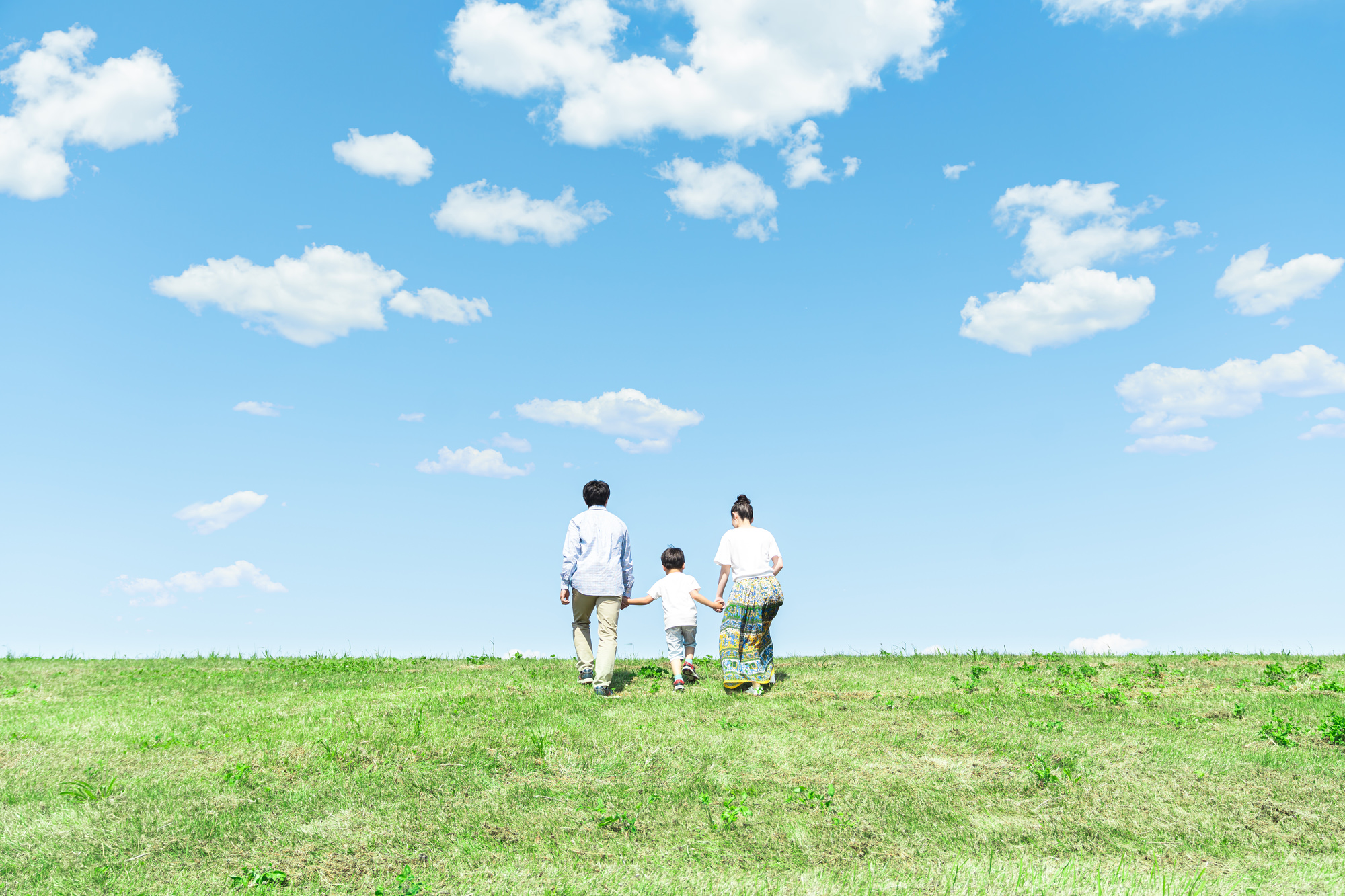 青空の下、家族が手をつなぎ草原を歩く。明るい気持ちで家づくりの表現