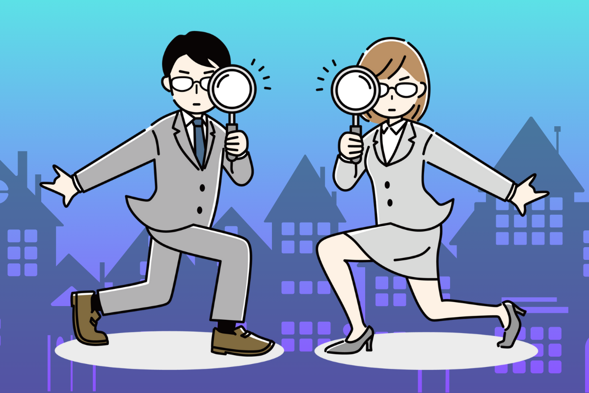スーツの男女が虫眼鏡を構えポーズを決めているイラスト。
