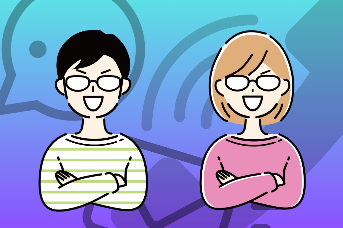 私服の男女が腕組をしているイラスト。各社の営業対応を推し量っている。