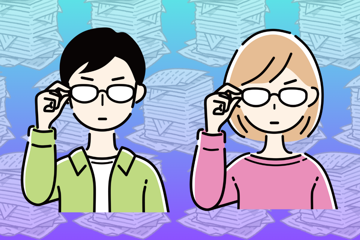 私服の男女が眼鏡をくいっとしているイラスト。営業連絡を吟味している。
